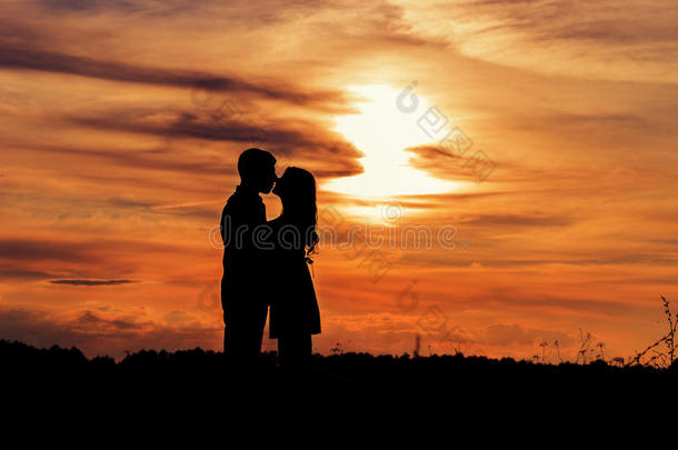 美丽的树荫，爱的快乐的夫妇在夕阳下亲吻，在温暖的夏日田野里