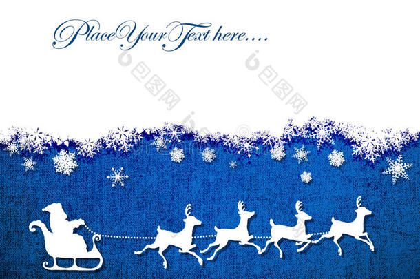 圣诞老人，驯鹿，蓝色背景上的雪花画布.vector背景