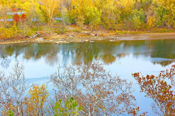 公园里五颜六色的秋树枝繁叶茂，河水潺潺。