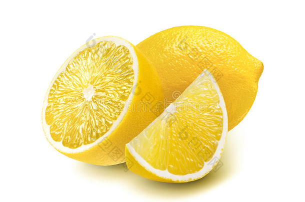 全柠檬，半片和四分之一片柠檬，白色隔离