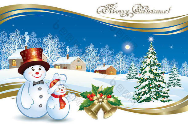 圣诞海报，圣诞树和雪人