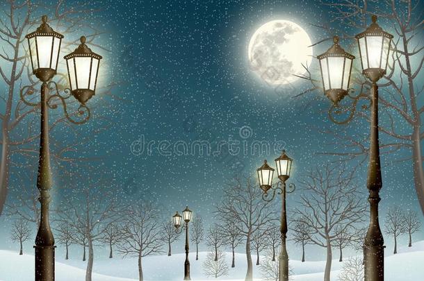 <strong>圣诞夜</strong>冬季景观灯柱。