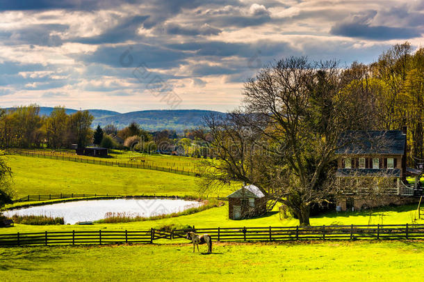 宾夕法尼亚州约克县农村农场的池塘和房子。