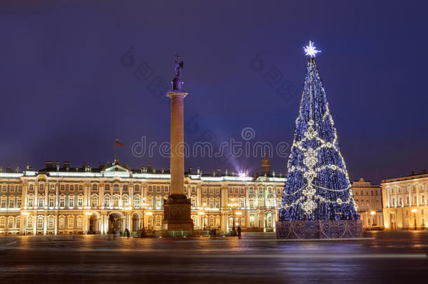 俄罗斯，圣彼得堡，圣诞树夜间照明，附近
