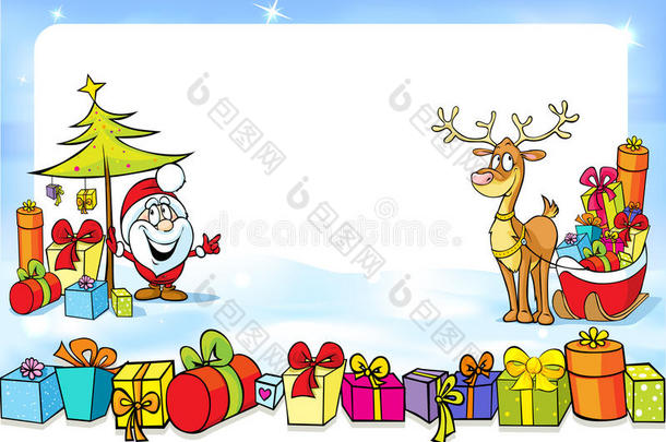 圣诞画框里有圣诞老人，还有很多礼物和驯鹿