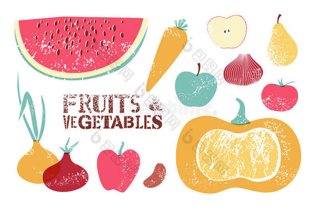 收集复古水果和蔬菜。矢量图。