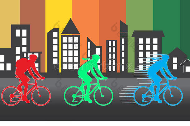 一群骑自行车的人在自行车比赛中与<strong>彩色建筑剪影</strong>