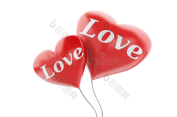 三维红色心脏气球。 情人节的概念孤立在白色上