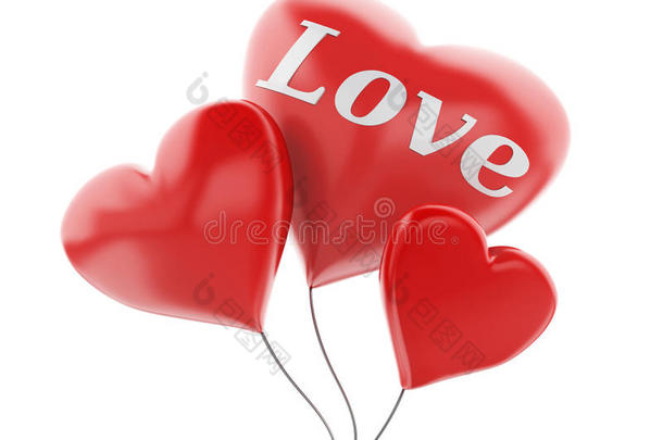 三维红色心脏气球。 情人节的概念孤立在白色上