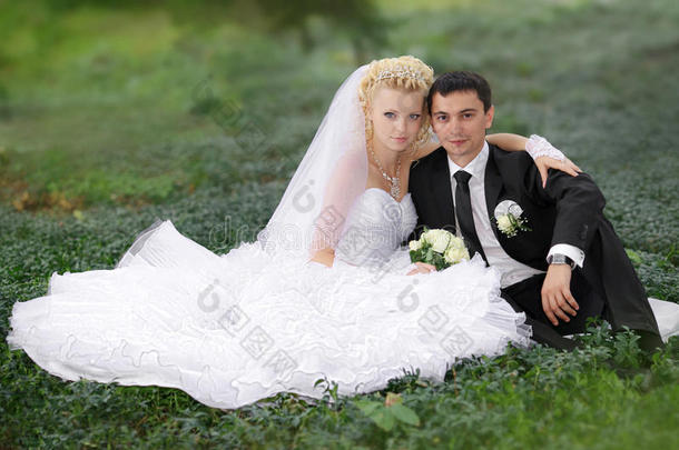 新娘和新郎拥抱在一起，看着彼此坐在绿草地上的眼睛
