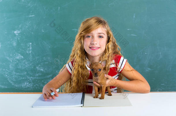 金发学生女孩带着小狗在班级董事会