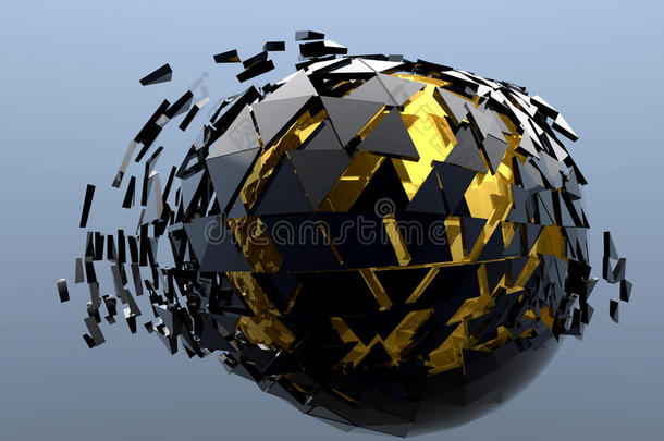 黑色和金色球体粉碎抽象3D