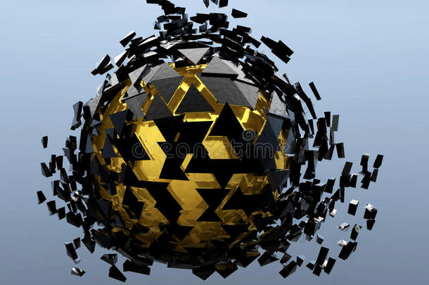 黑色和金色球体粉碎抽象三维孤立