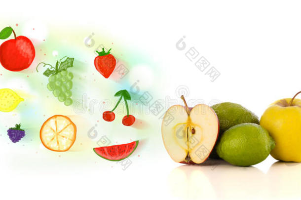 五彩缤纷的水果和手绘的图文并茂的水果