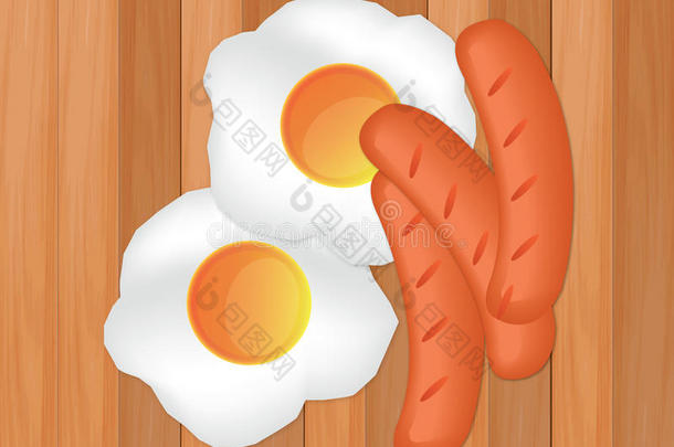早餐有鸡蛋和香肠在木板上，鸡蛋<strong>矢量</strong>，香肠<strong>矢量</strong>，早餐<strong>矢量</strong>