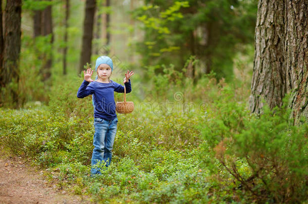 可爱的女孩在森林里摘狐狸莓