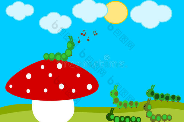 毛毛虫音乐会上的红色蘑菇卡通插图