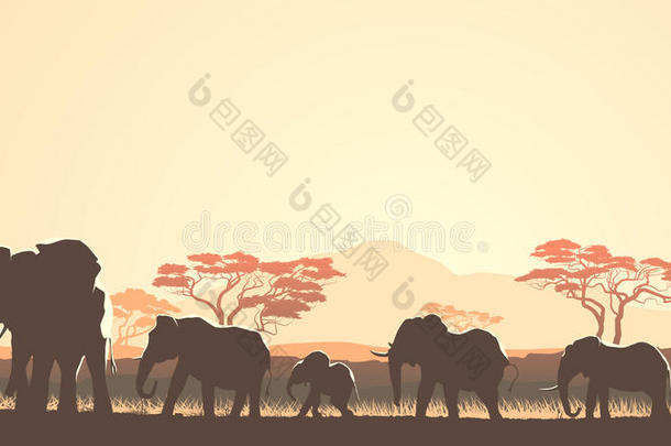 非洲日落草原野生动物的水平图解。