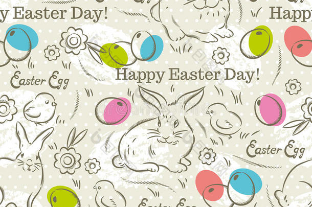复活节图案与兔子，复活节鸡蛋，花和<strong>小鸡</strong>