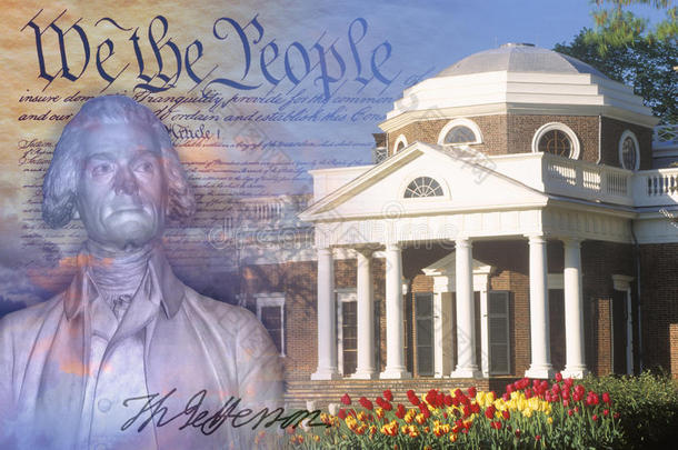 蒙蒂塞洛的综合形象，美国<strong>宪法</strong>，托马斯杰斐逊的半身像和他的签名