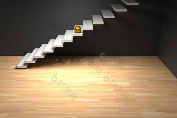 白色楼梯上的<strong>金色球</strong>体。 渲染
