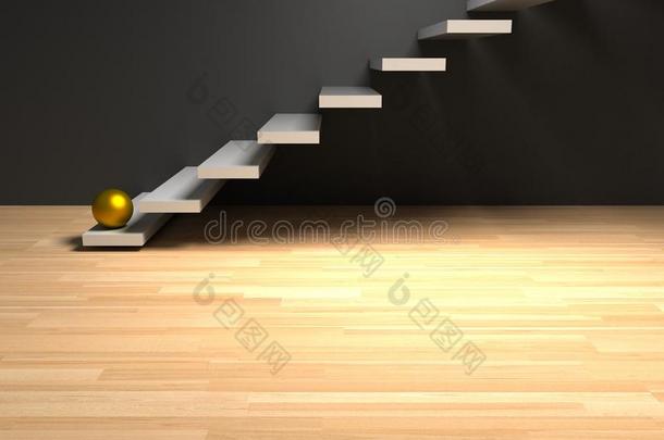 白色楼梯上的金色球体。 渲染