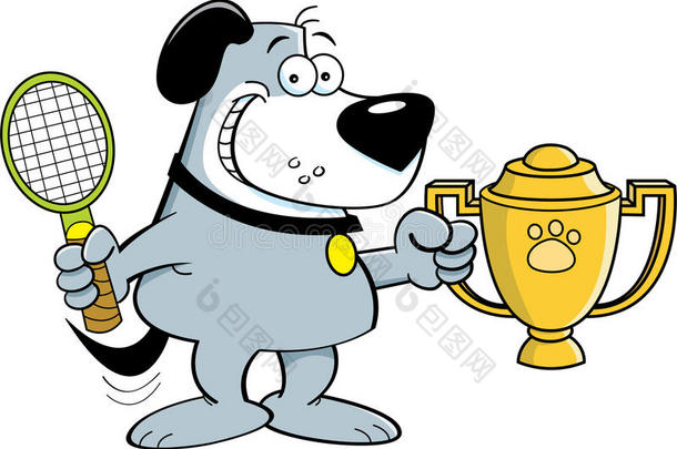 卡通狗拿着奖杯。