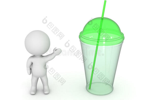 三维角色从绿色杯子后面挥舞着吸管