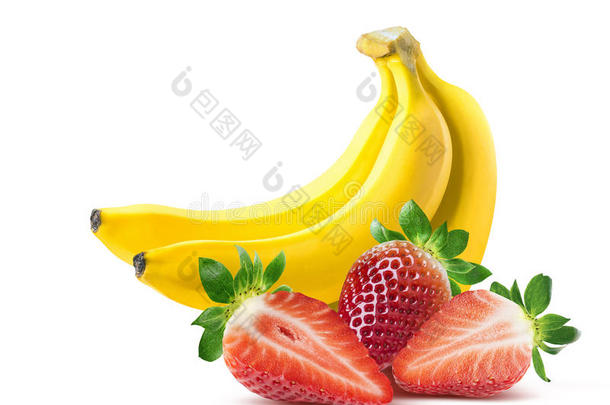香蕉草莓成分在白色背景上