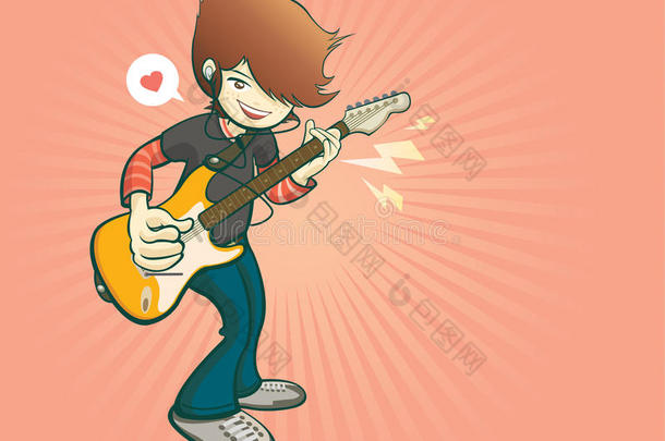 吉他演奏者卡通风格，音乐和表演音乐会，矢量插图
