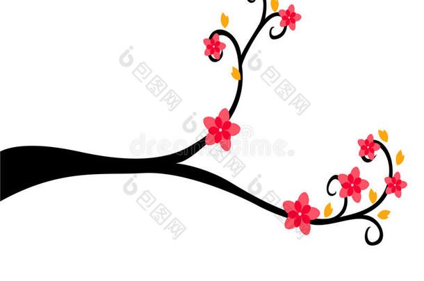 装饰树枝剪影与红花和黄叶