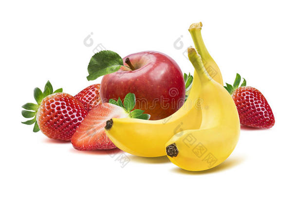 香蕉，苹果和草莓4在白色背景