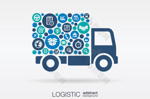 彩色圆圈，卡车形状的平面图标：分销，送货，服务，<strong>运输</strong>，<strong>物流</strong>，<strong>运输</strong>，市场概念。