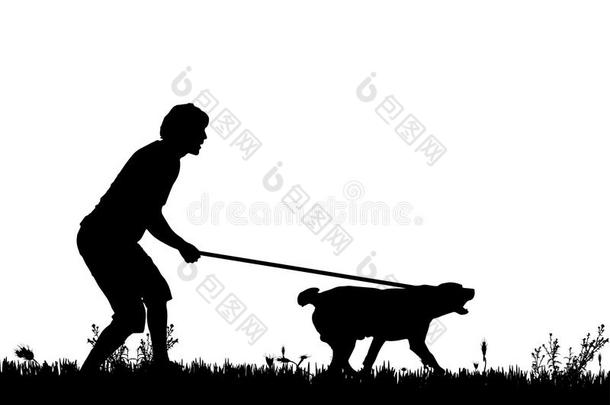 一个男人和一条狗的矢量剪影。