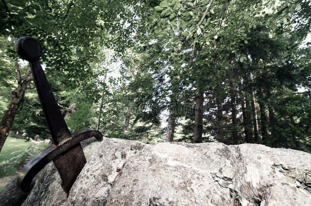 亚瑟王在森林里的石头上的著名剑