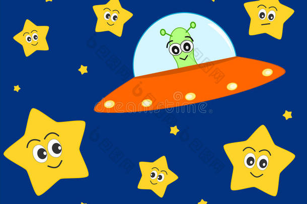 可爱的<strong>UFO</strong>外星人卡通与甜蜜的明星插图为儿童