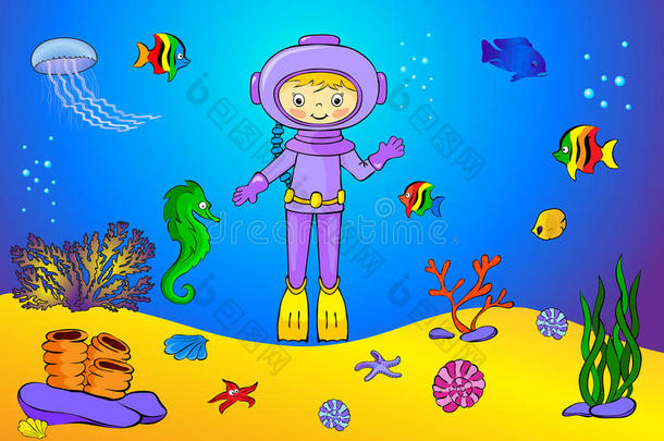 可爱的<strong>卡通</strong>水肺潜水员和水下的鱼。 <strong>海底</strong>的海马、水母、珊瑚和<strong>海星</strong>。
