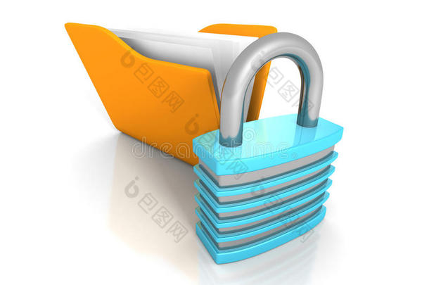 数据安全概念。 黄色文档文件夹和锁定挂锁