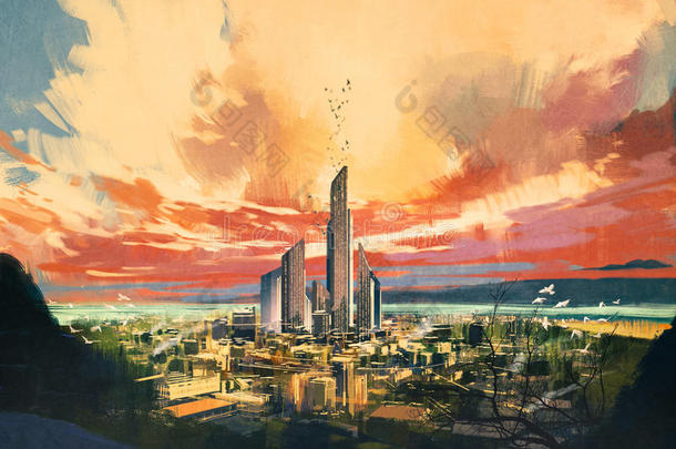 未来主义科幻城市与摩天大楼