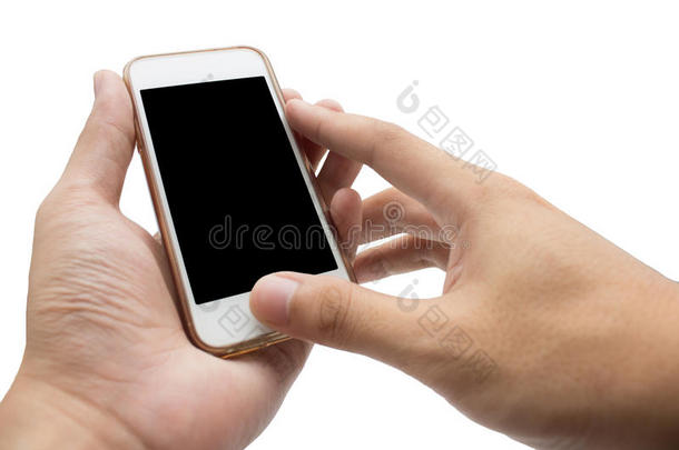 双手使用手机手持智能手机在隔离的背景