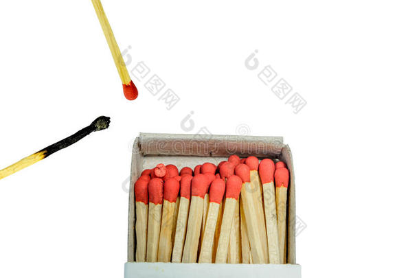 烧焦的火柴和红色的火柴和打开的火柴盒隔离在白色的背景上