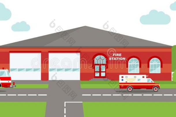 消防站应急概念。 全景背景与消防站建筑和消防车的平面风格。