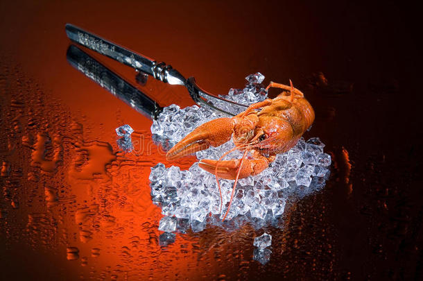 叉子，冰和小龙虾