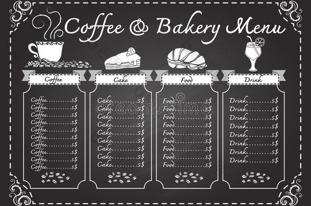 黑板模板上的咖啡和面包店菜单
