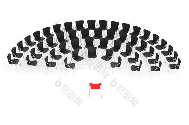 商务大型会议。 椅子和老板的椅子一起排列。