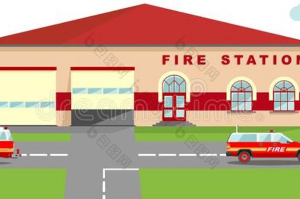 消防站应急概念。 全景背景与消防站建筑和消防车的平面风格。
