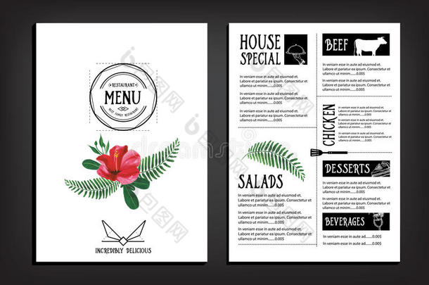 食品菜单，餐厅模板设计。 传单咖啡馆。 小册子文特