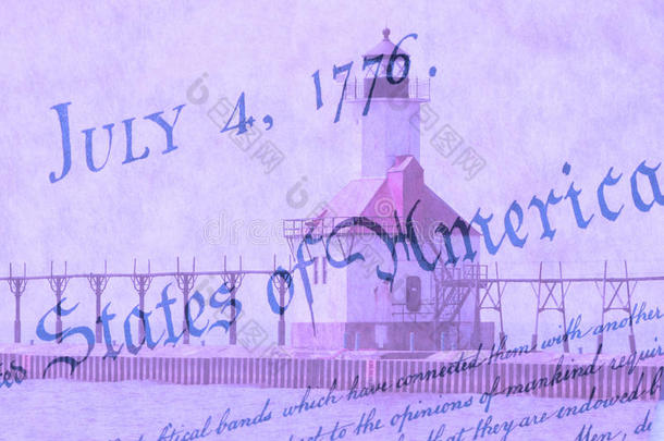 双曝光圣约瑟夫北码头灯塔沿密歇根湖海岸线与美国宪法背景