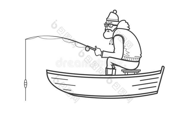 渔夫在白色背景的船上<strong>剪影</strong>。 <strong>线条</strong>笔画插图。