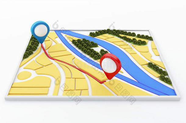 城市上的三维导航器地图和指针标记。